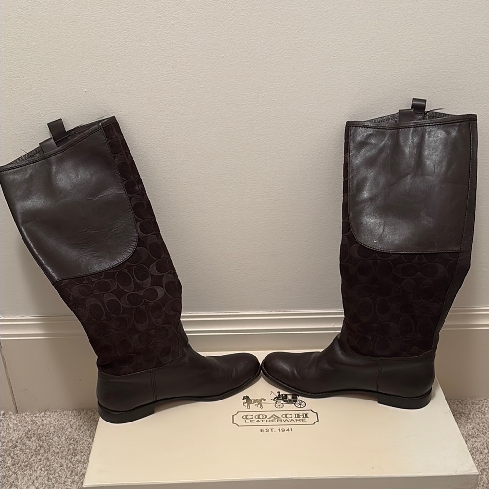 Coach Brown Over the Knee Boots with Smooth Leather and Braided Design